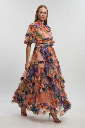 Karen Millen Womens Marble Print Tulle Ruffle Detail Woven Maxi Dress - Multicolour - Size 12 UK