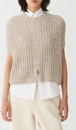 Lafayette 148 New York Short Sleeve Metallic Linen Blend Pointelle Cardigan in Sandstone Metallic at Nordstrom, Size X-Large