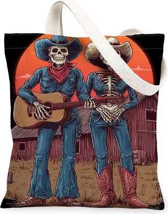 Generic Vintage Skeleton Canvas Tote Bag, Artistic Cowboy Design Reusable Grocery Bag, Lightweight Washable Shoulder Strap Tote for, Black, 13x15 Inch