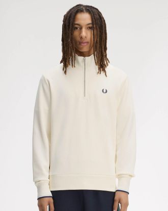 Fred Perry Mens Half Zip Sweatshirt in Ivory Cotton - Size X-Large