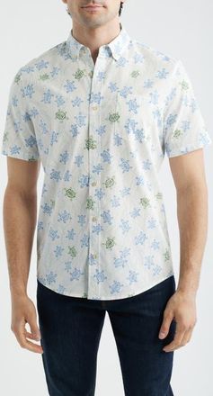 Reyn Spooner Honu Holoholo Turtle Print Short Sleeve Cotton Blend Button-Down Shirt in White at Nordstrom, Size Xx-Large