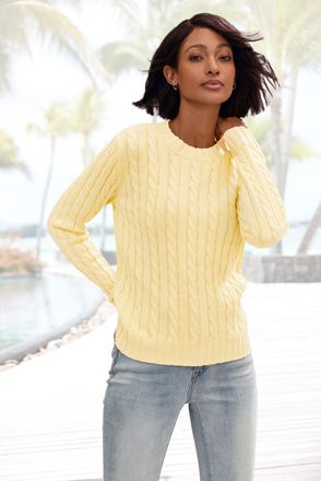 Lascana Rundhalspullover LASCANA, Damen, Gr. 32/34, hellgelb, Strick, Obermaterial: 50% Baumwolle, 50% Polyacryl, unifarben, figurumspielend h&uuml;ftlang, Rundhal