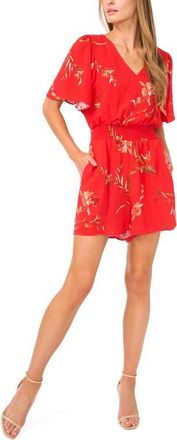 CeCe by Cynthia Steffe V-Neck Flutter Sleeve Romper in Fiery Red at Nordstrom, Size X-Small