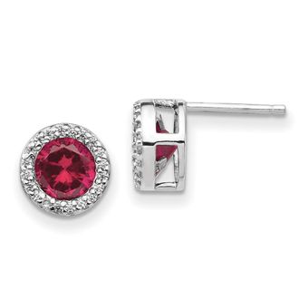 Diamond2Deal Sterling Silver Rhodium-plated Lab Created Ruby and White CZ Round Halo Stud Earrings