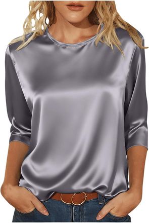 Generic Satin Tops for Women Elegant Going Out Tops Crew Neck 3/4 Sleeve Silk Blouse Ladies Tshirts Shiny Baggy Fashion Tunic Top Casaul Loose Party Business 