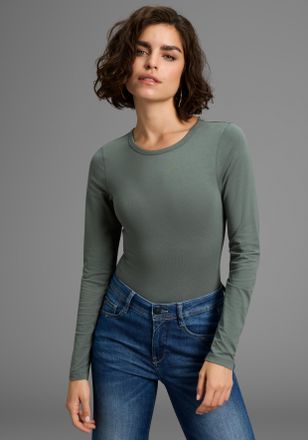 Laura Scott Langarmbody LAURA SCOTT, Damen, Gr. 40, N-Gr, blau (blau, grau), Jersey, Obermaterial: 95% Baumwolle, 5% Elasthan, unifarben, Basic, figurbetont, Rund