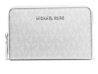 Michael Kors Jet Set Small Zip Around Card Case Womens Coin Purse Optic White/Aluminum, Leather