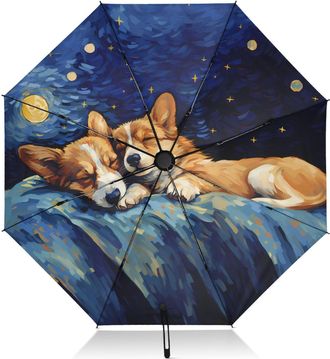 Alaza Umbrellas for Rain Sun Outdoor, Automatic Folding Umbrella Windproof Strong, Large Anti-UV Compact Umbrella Black Outside Starry Sky and Corgi Travel 