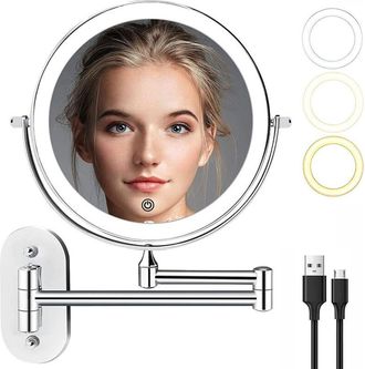 OEM Espejo De Aumento Led Recargable De 8 Pulgadas Para Montaje En Pared - Aumento De 1x Y 10x - 3 Luces De Colores - Brazo Extensible Giratorio De 360&deg;
