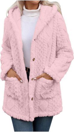 Generic Ladies Fleece Jacket Sherpa Warm Fluffy Thicken Button Down Winter Hooded Coats Soft Cozy Long Sleeve Thermal Plush Outwears with Pockets
