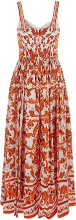 Dolce & Gabbana Womens Maxi Dress With Maiolica Print Orange Cotton