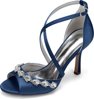 Generic Womens High Heel Sandals Open Toe Bridal Satin Crystal Stiletto Wedding Shoes Formal Prom Party Dress Shoes 9.5Cm,Dark Blue,10 UK