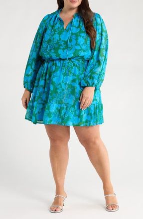Sugarlips Amren Floral Long Sleeve Metallic Georgette Minidress in Cerulean Blue/green at Nordstrom, Size 1X