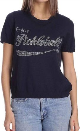 Minnie Rose Enjoy Pickleball Bling Frayed Edge Tee In Navy