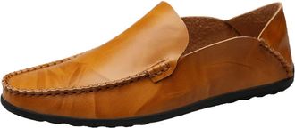 Generic Mens Loafers Genuine Leather Round Toe Stitching Details Classic Anti-Slip Slip Resistant Comfortable Driving Fashion Slip-ons(Yellowish Brown,7.5 UK)