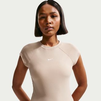 Nike Womens Nike Sportswear Chill Knit Tight Short-Sleeve Ribbed Top in Brown | IF0242-286