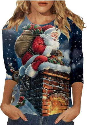 Generic Christmas Jumpers for Women Highland Cow Print Funny Christmas Sweatshirt, Ladies Xmas Tops, Round Neck 3/4 Sleeve Oversized Animal Graphic Holiday La