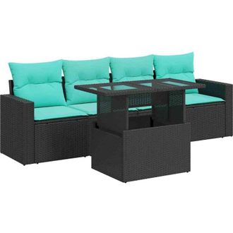vidaXL 5 Piece Garden Sofa Set with Cushions Black Poly Rattan Acacia vidaXL
