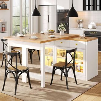 Merax Kitchen Island with LED Glass Doors & Drop-Leaf Bar Dining Table in White