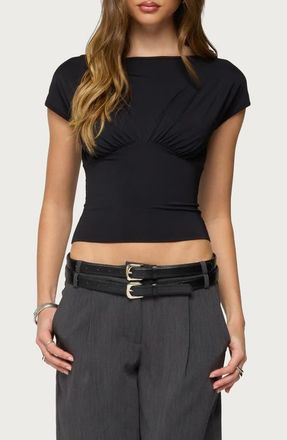 Edikted Leonah Ruched Boat Neck Crop Top in Black at Nordstrom, Size X-Large