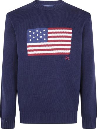Polo Ralph Lauren Truien & Vesten, Heren, Blauw, M, Katoen, Pullover met geborduurde vlag