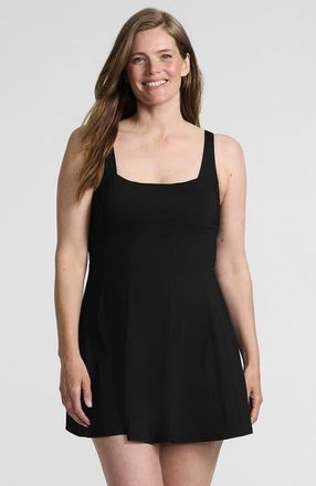 Lands End Square Neck Corset Seamed Swim Dress in Black at Nordstrom, Size 14
