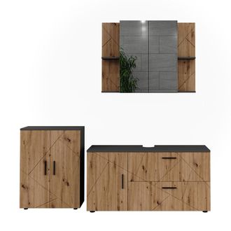Vicco Conjunto De Muebles De Ba&ntilde;o Irma, Antracita/roble Artesanal, 3 Partes, Vicco