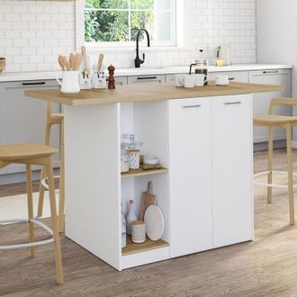 IDMarket Isla Central Bao 140 Cm Para 4 Personas En Madera Blanca Con Encimera Efecto Haya