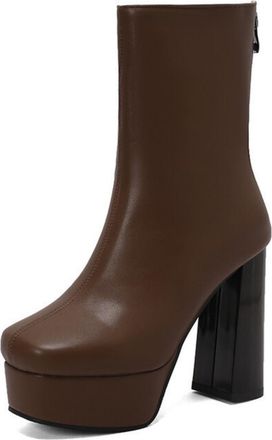 Generic Womens PU Leather Ankle Boots with Side Zipper Chunky High Heel Platform Boots Square Toe Casual Boot,Brown,10.5 UK