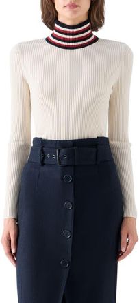 Akris Striped Mock Neck Merino Wool Sweater in Cream-Navy-Rusty Red at Nordstrom, Size 14