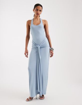 4th & Reckless Vestito lungo in morbido jersey celeste con scollo rotondo allacciato al collo drappeggiato allacciato sul davanti-Blu