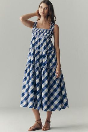 Maeve Helena Square-Neck Smocked Tiered Midi Dress