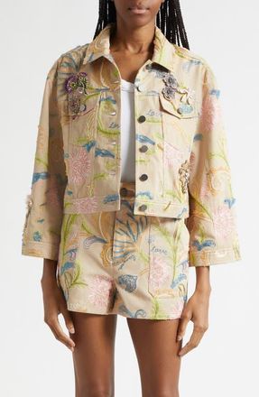 Cinq &agrave; Sept Addie Beaded Embroidered Detail Trucker Jacket in Khaki Multi at Nordstrom, Size X-Small