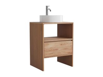 Vente-Unique Mueble de ba&ntilde;o de roble macizo con lavabo redondo sobre encimera y grifo - Natural claro - 60 cm - CAVIZO