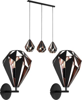 Loops 3 Bulb Ceiling Light & 2x Matching Wall Lights Black & Copper Geometric Shade