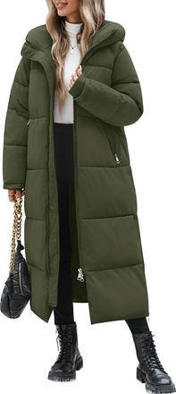 Heekpek Women Long Winter Coat Thickened Quilted Puffer Coats Hooded Full Length Padded Trendy Warm Outerwear with Hem Slit, Army Green, M