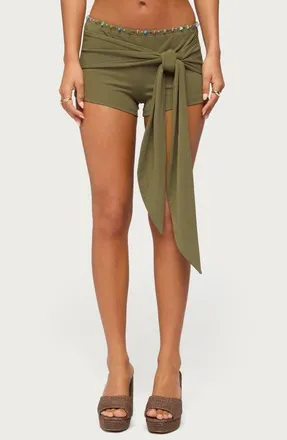 Edikted Monroah Beaded Low Rise Tie Waist Shorts in Olive at Nordstrom, Size X-Large