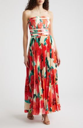 Hutch Sabina Floral Tiered Pliss&eacute; Gown in Ivory/Coral Watercolor at Nordstrom, Size 12