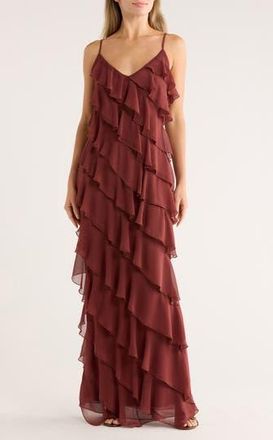 Area Stars Riza Ruffle Chiffon Maxi Dress in Brown at Nordstrom Rack, Size X-Large