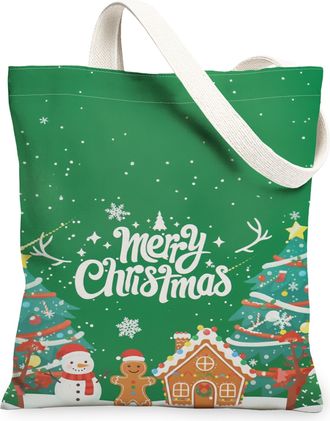 Generic Christmas Canvas Tote Bags, Merry Holiday Design Reusable Bags, Winter Lightweight Washable Shoulder Strap for Shopping Tra, Green, 13x15 Inch