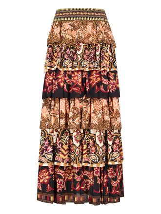 Farm Rio ruffled mixed long skirt - women - Viscose - M - Brown