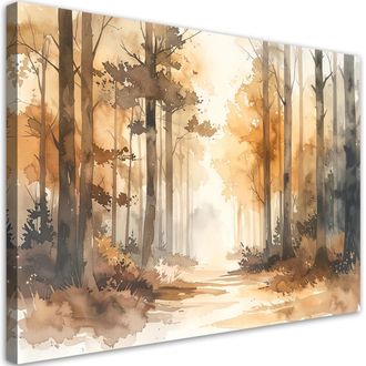 Feeby Cuadro En Lienzo, Bosque Brumoso Oto&ntilde;al Paisaje Forestal Acuarela Estilo Escandinavo, 120x80