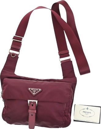 Prada Buckle Messenger Bag Tessuto Burgundy Synthetic Bag (Pre-Owned)