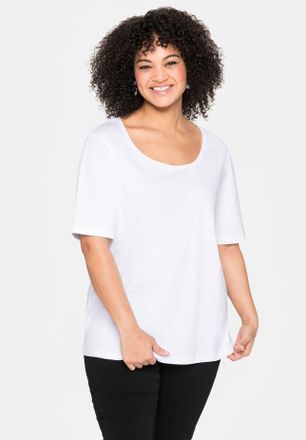 Sheego Kurzarmshirt SHEEGO T-Shirt, Damen, Gr. 40, weiss (wei&szlig;), 100% Baumwolle, unifarben, Rundhals, Shirts Kurzarmshirt