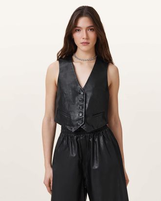 AllSaints Lamb Leather Arla Sleeveless Leather Waistcoat, Size: UK 16/US 12