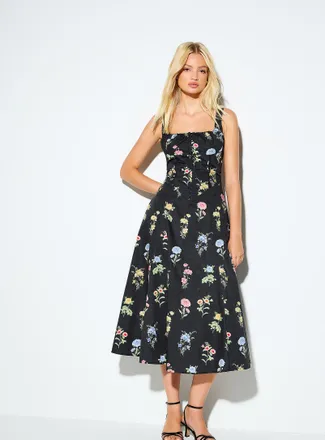 Icone Womens Corset-style floral poplin long dress