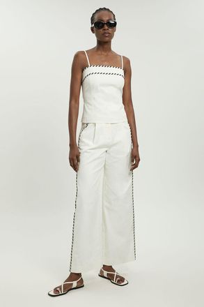 Karen Millen Womens Petite Tailored Linen Blend Contrast Stitch Straight Leg Trouser - White Cotton - Size 16 UK