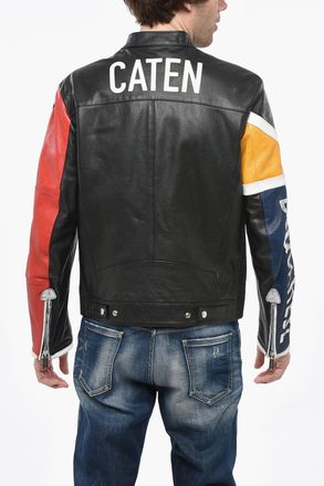 Dsquared2 CATEN Leather Motorbiker Jacket with Metallic Leather Detail Dsquared2