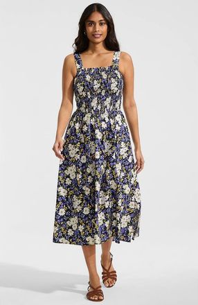 Lands End Poplin Smocked Bodice Midi Dress in Deep Sea Spring Floral at Nordstrom, Size X-Small P