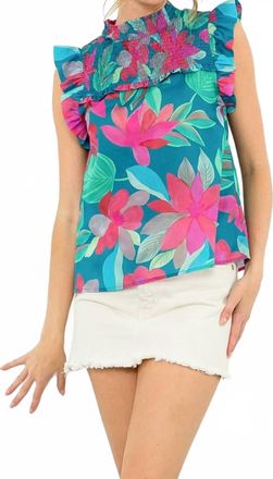 THML Clothing Joyce Ruffle Sleeve Smocked Top In Teal